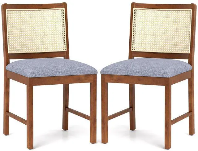 Main image of SlickBlue Rattan Dining Chair Set of 2 with Rubber Wood Frame and Linen Fabric Padded Seat-Walnut