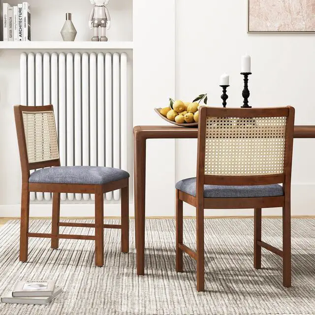 Alt view image 2 of 7 - SlickBlue Rattan Dining Chair Set of 2 with Rubber Wood Frame and Linen Fabric Padded Seat-Walnut