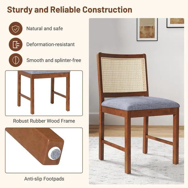 Alt view image 5 of 7 - SlickBlue Rattan Dining Chair Set of 2 with Rubber Wood Frame and Linen Fabric Padded Seat-Walnut