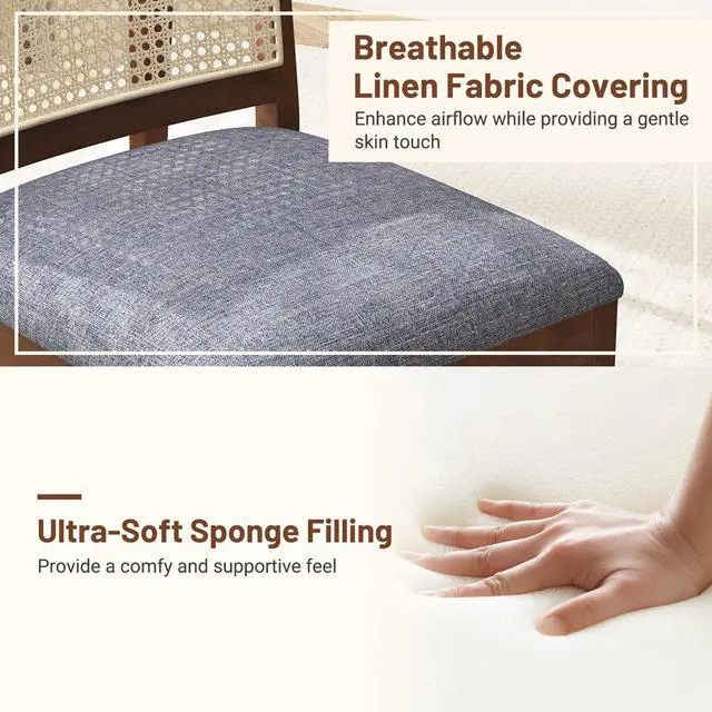 Alt view image 7 of 7 - SlickBlue Rattan Dining Chair Set of 2 with Rubber Wood Frame and Linen Fabric Padded Seat-Walnut