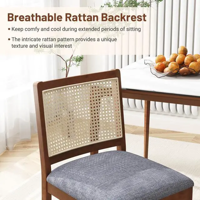 Alt view image 6 of 7 - SlickBlue Rattan Dining Chair Set of 2 with Rubber Wood Frame and Linen Fabric Padded Seat-Walnut