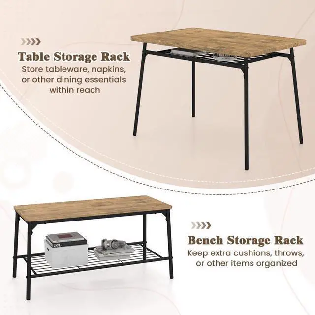Alt view image 4 of 7 - SlickBlue 4 Piece Dining Table Set for 4 Metal Frame with Bench and 2 Chairs-Brown