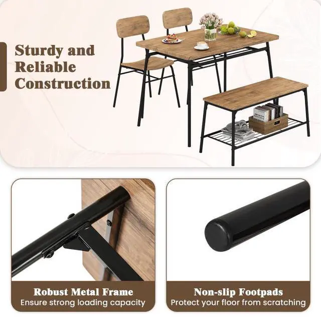 Alt view image 5 of 7 - SlickBlue 4 Piece Dining Table Set for 4 Metal Frame with Bench and 2 Chairs-Brown