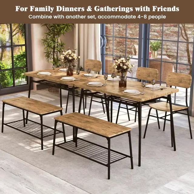 Alt view image 7 of 7 - SlickBlue 4 Piece Dining Table Set for 4 Metal Frame with Bench and 2 Chairs-Brown