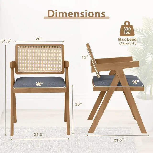 Alt view image 3 of 7 - SlickBlue Set of 2 Rattan Accent Chairs with Padded Cushion and Rubber Wood Frame-Gray