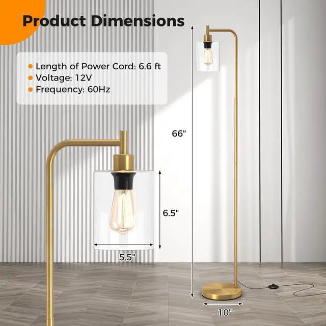 Alt view image 4 of 7 - SlickBlue Modern Floor Lamp with Hanging Glass Lampshade and Foot Switch-Golden