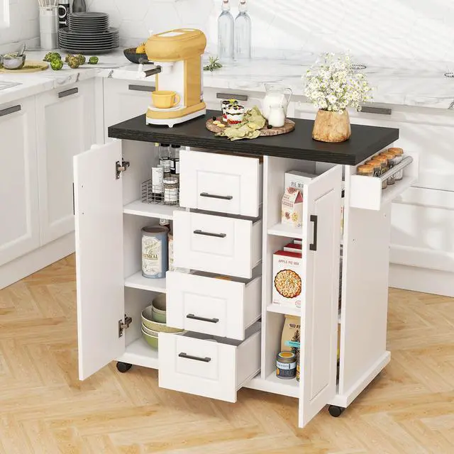 Alt view image 3 of 7 - SlickBlue Rolling Kitchen Island Cart on Wheels with Storage Cabinets-White
