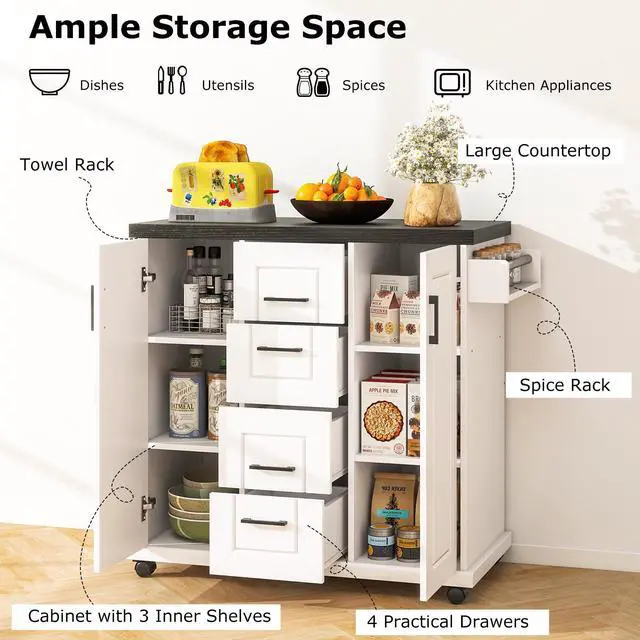 Alt view image 7 of 7 - SlickBlue Rolling Kitchen Island Cart on Wheels with Storage Cabinets-White