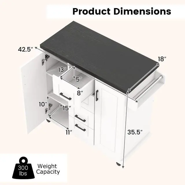 Alt view image 5 of 7 - SlickBlue Rolling Kitchen Island Cart on Wheels with Storage Cabinets-White