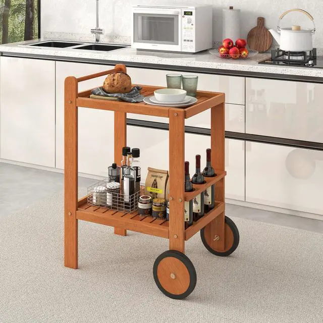 Alt view image 3 of 7 - SlickBlue 2 Tier Rolling Serving Cart with Wine Bottle Holders and 2 Rubber Wheels