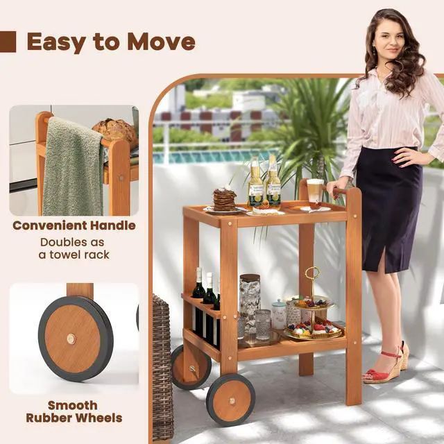 Alt view image 7 of 7 - SlickBlue 2 Tier Rolling Serving Cart with Wine Bottle Holders and 2 Rubber Wheels
