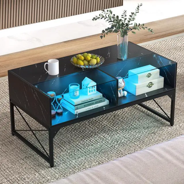 Alt view image 2 of 7 - SlickBlue Center Table with Faux Marble and Tempered Glass Top-Black