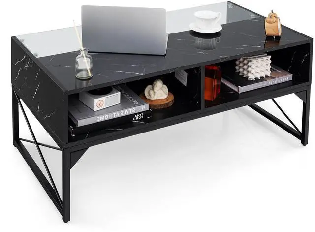 Alt view image 4 of 7 - SlickBlue Center Table with Faux Marble and Tempered Glass Top-Black