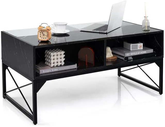 Alt view image 7 of 7 - SlickBlue Center Table with Faux Marble and Tempered Glass Top-Black