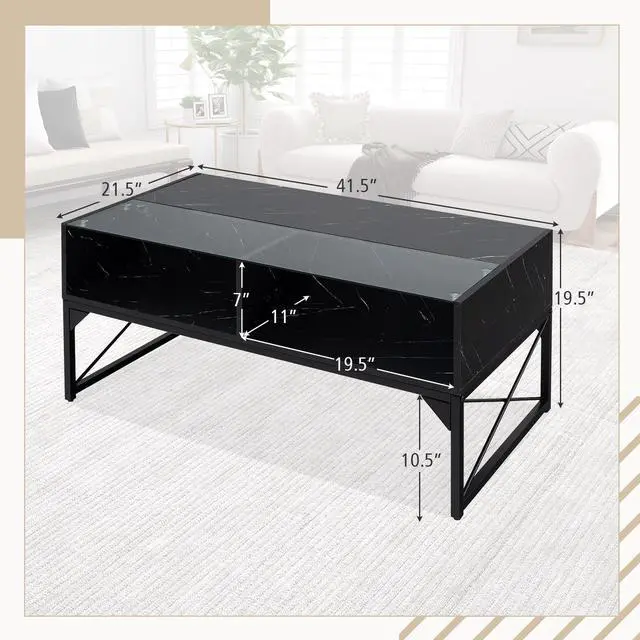 Alt view image 5 of 7 - SlickBlue Center Table with Faux Marble and Tempered Glass Top-Black