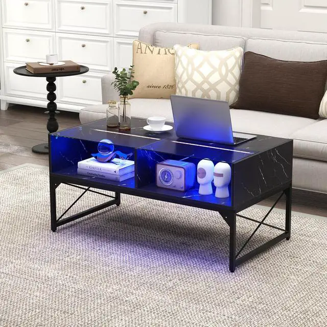 Alt view image 6 of 7 - SlickBlue Center Table with Faux Marble and Tempered Glass Top-Black