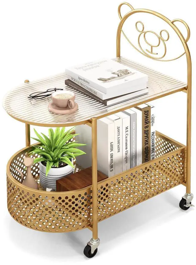 Main image of SlickBlue 2-Tier Mobile Glass Coffee Table with Bear Pattern-Golden