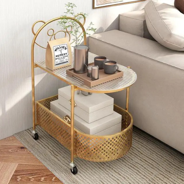 Alt view image 3 of 7 - SlickBlue 2-Tier Mobile Glass Coffee Table with Bear Pattern-Golden