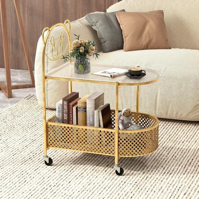 Alt view image 2 of 7 - SlickBlue 2-Tier Mobile Glass Coffee Table with Bear Pattern-Golden