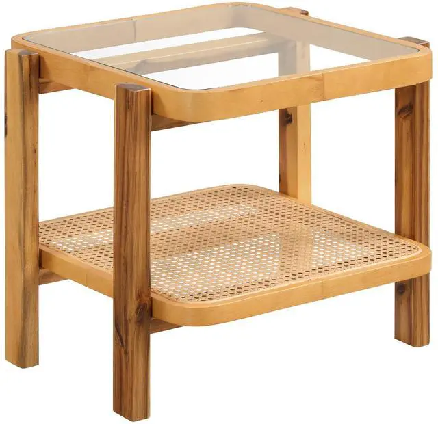 Main image of SlickBlue Rattan 2-Tier End Side Table with Tempered Glass Top Acacia Wood Legs-Brown