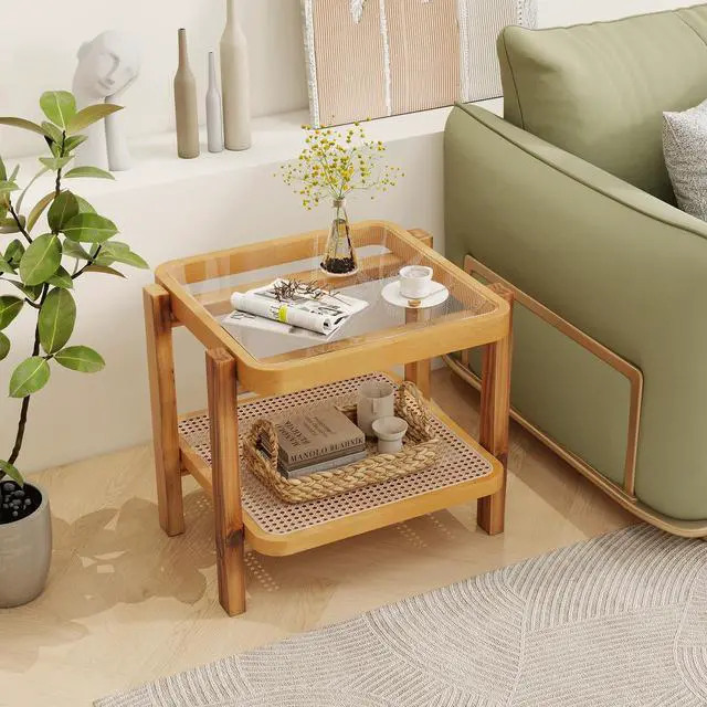 Alt view image 2 of 7 - SlickBlue Rattan 2-Tier End Side Table with Tempered Glass Top Acacia Wood Legs-Brown