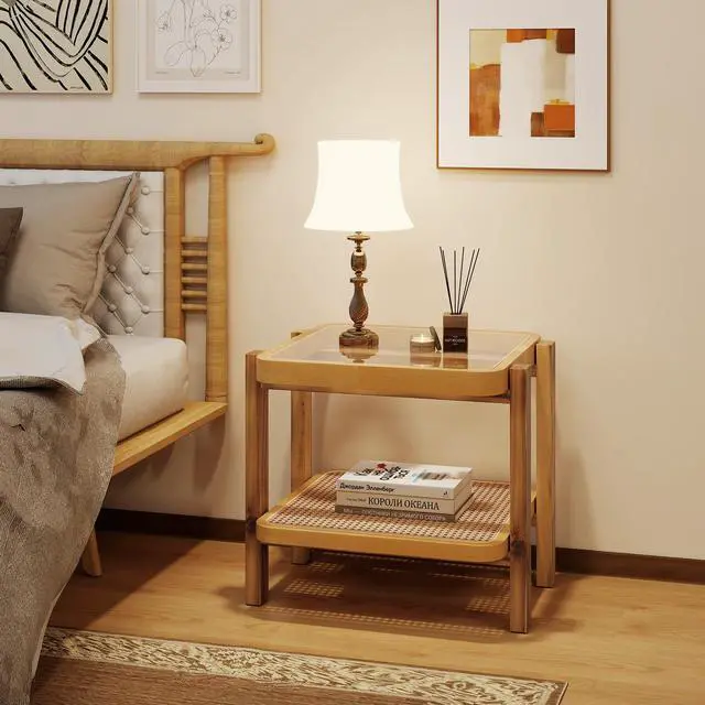 Alt view image 3 of 7 - SlickBlue Rattan 2-Tier End Side Table with Tempered Glass Top Acacia Wood Legs-Brown