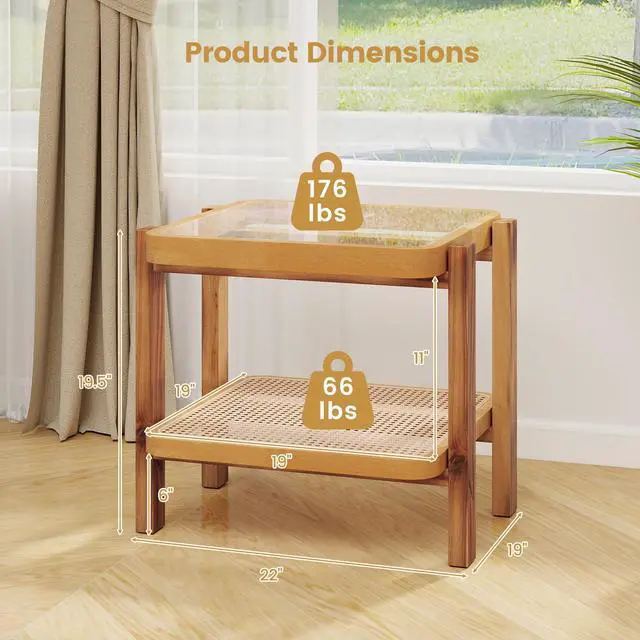 Alt view image 5 of 7 - SlickBlue Rattan 2-Tier End Side Table with Tempered Glass Top Acacia Wood Legs-Brown