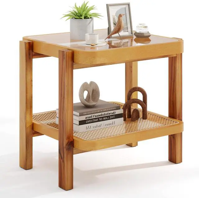 Alt view image 4 of 7 - SlickBlue Rattan 2-Tier End Side Table with Tempered Glass Top Acacia Wood Legs-Brown