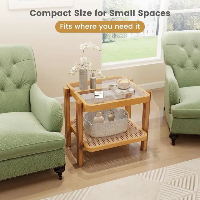 Alt view image 6 of 7 - SlickBlue Rattan 2-Tier End Side Table with Tempered Glass Top Acacia Wood Legs-Brown