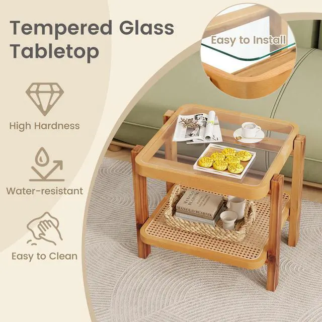 Alt view image 7 of 7 - SlickBlue Rattan 2-Tier End Side Table with Tempered Glass Top Acacia Wood Legs-Brown