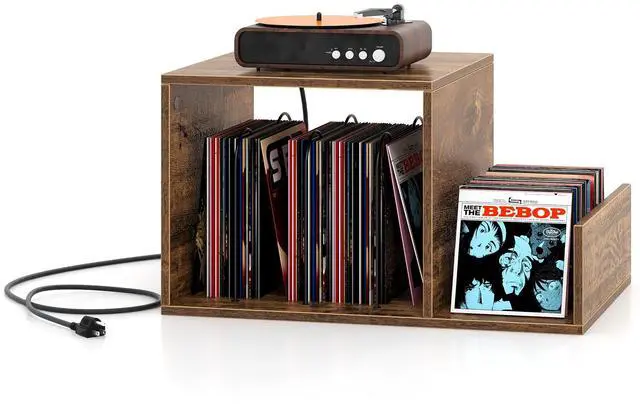 Alt view image 4 of 7 - SlickBlue Mid-century Record Player Stand with Power Outlet and Vinyl Divider-Rustic Brown