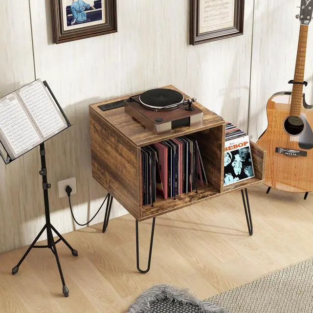 Alt view image 2 of 7 - SlickBlue Mid-century Record Player Stand with Power Outlet and Vinyl Divider-Rustic Brown