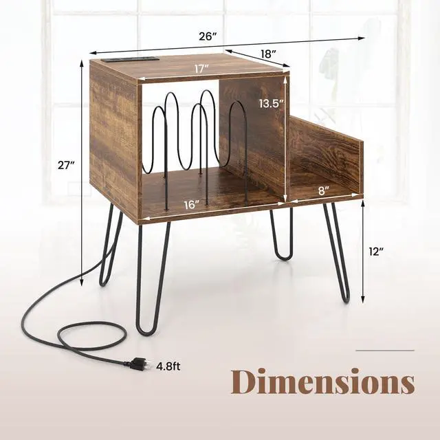 Alt view image 5 of 7 - SlickBlue Mid-century Record Player Stand with Power Outlet and Vinyl Divider-Rustic Brown