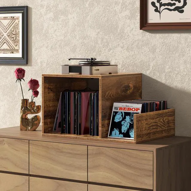 Alt view image 6 of 7 - SlickBlue Mid-century Record Player Stand with Power Outlet and Vinyl Divider-Rustic Brown