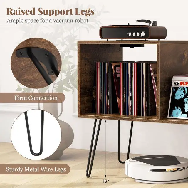 Alt view image 7 of 7 - SlickBlue Mid-century Record Player Stand with Power Outlet and Vinyl Divider-Rustic Brown