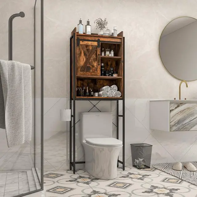 Alt view image 2 of 7 - SlickBlue 4-Tier Multifunctional Toilet Sorage Cabinet with Adjustable Shelf and Sliding Barn Door