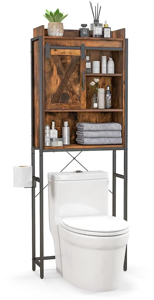 Alt view image 4 of 7 - SlickBlue 4-Tier Multifunctional Toilet Sorage Cabinet with Adjustable Shelf and Sliding Barn Door