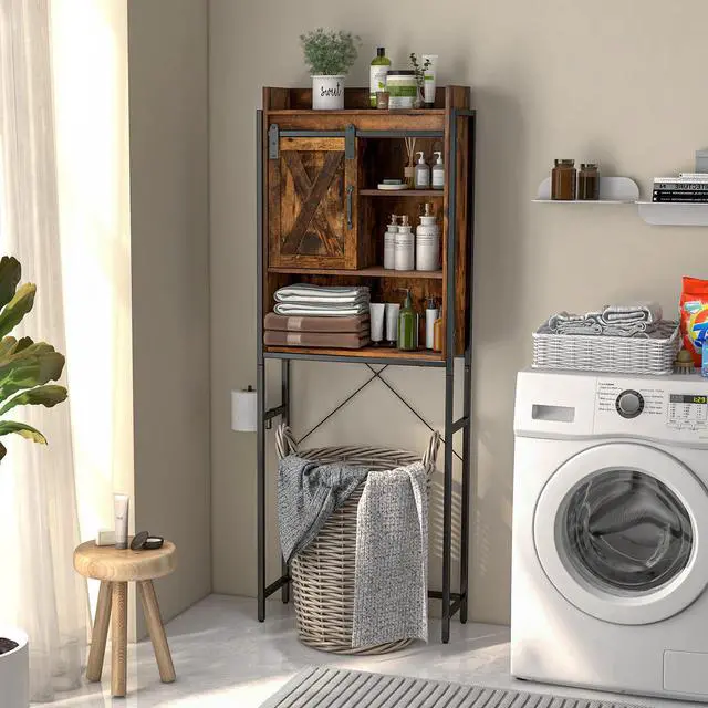 Alt view image 3 of 7 - SlickBlue 4-Tier Multifunctional Toilet Sorage Cabinet with Adjustable Shelf and Sliding Barn Door