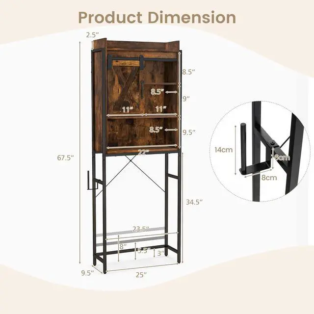 Alt view image 5 of 7 - SlickBlue 4-Tier Multifunctional Toilet Sorage Cabinet with Adjustable Shelf and Sliding Barn Door
