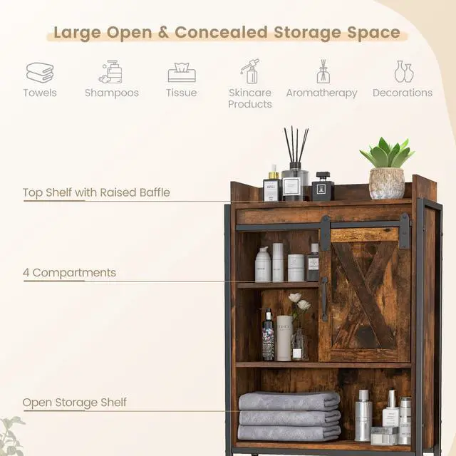 Alt view image 6 of 7 - SlickBlue 4-Tier Multifunctional Toilet Sorage Cabinet with Adjustable Shelf and Sliding Barn Door