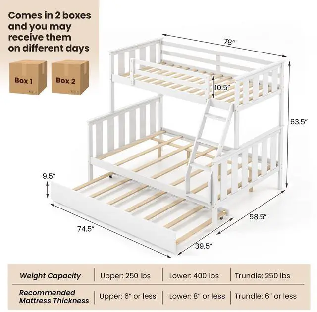 Alt view image 5 of 7 - SlickBlue 3-in-1 Twin Over Full Bunk Bed with Trundle and Ladder