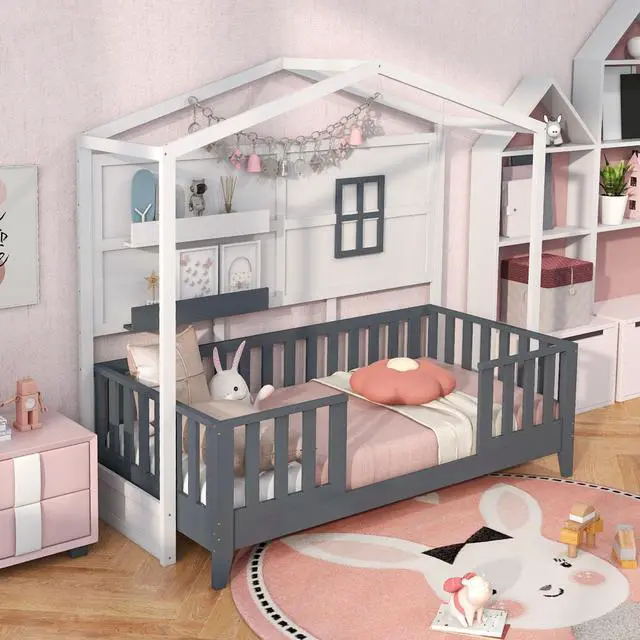 Alt view image 2 of 7 - SlickBlue Twin Wood House Bed Montessori Floor Bed with 2 Shelves and Guardrails