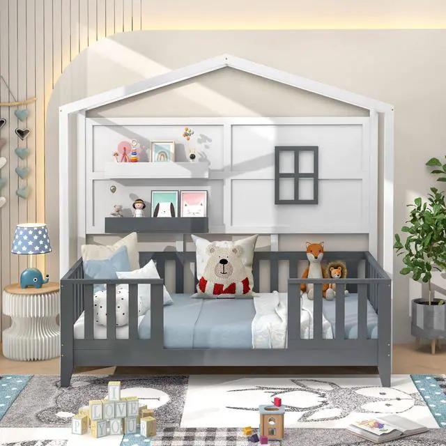 Alt view image 3 of 7 - SlickBlue Twin Wood House Bed Montessori Floor Bed with 2 Shelves and Guardrails