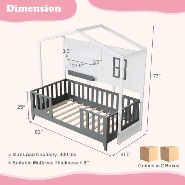 Alt view image 4 of 7 - SlickBlue Twin Wood House Bed Montessori Floor Bed with 2 Shelves and Guardrails