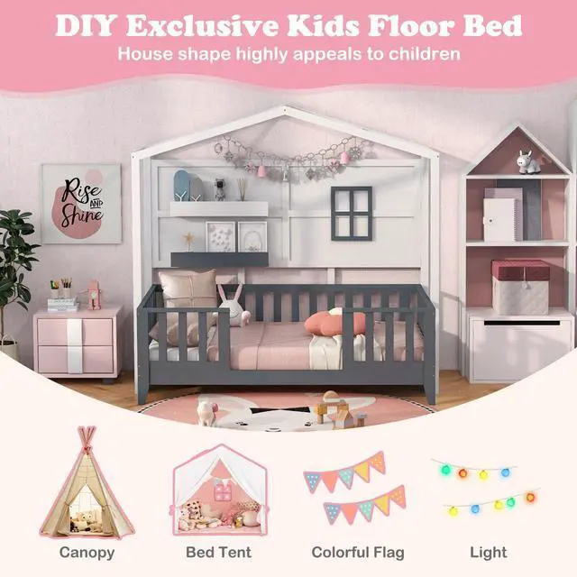 Alt view image 7 of 7 - SlickBlue Twin Wood House Bed Montessori Floor Bed with 2 Shelves and Guardrails