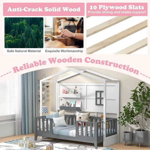Alt view image 6 of 7 - SlickBlue Twin Wood House Bed Montessori Floor Bed with 2 Shelves and Guardrails
