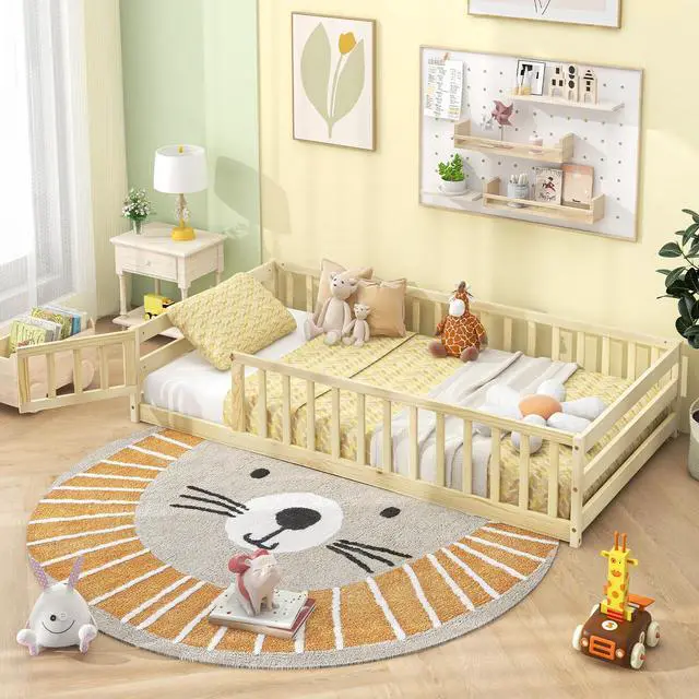 Alt view image 2 of 7 - SlickBlue Kids Wood Montessori Floor Bed with Door and Fence