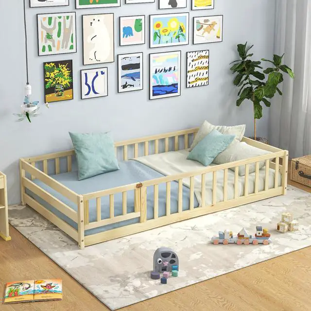 Alt view image 3 of 7 - SlickBlue Kids Wood Montessori Floor Bed with Door and Fence
