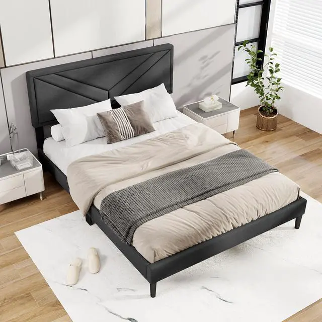 Alt view image 2 of 7 - SlickBlue Upholstered Platform Bed with Tufted Headboard and Wooden Slats