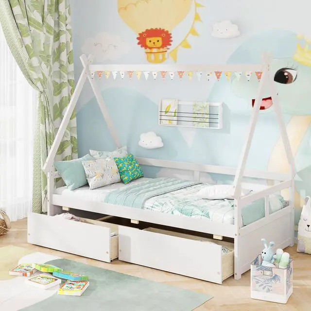 Alt view image 2 of 7 - SlickBlue House Bed with Roof and Safety Guardrail